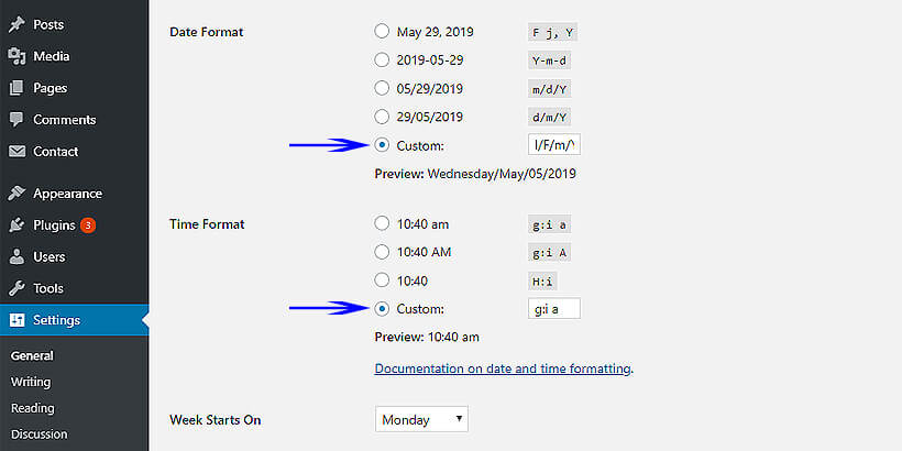 customdate change date and time format in wordpress
